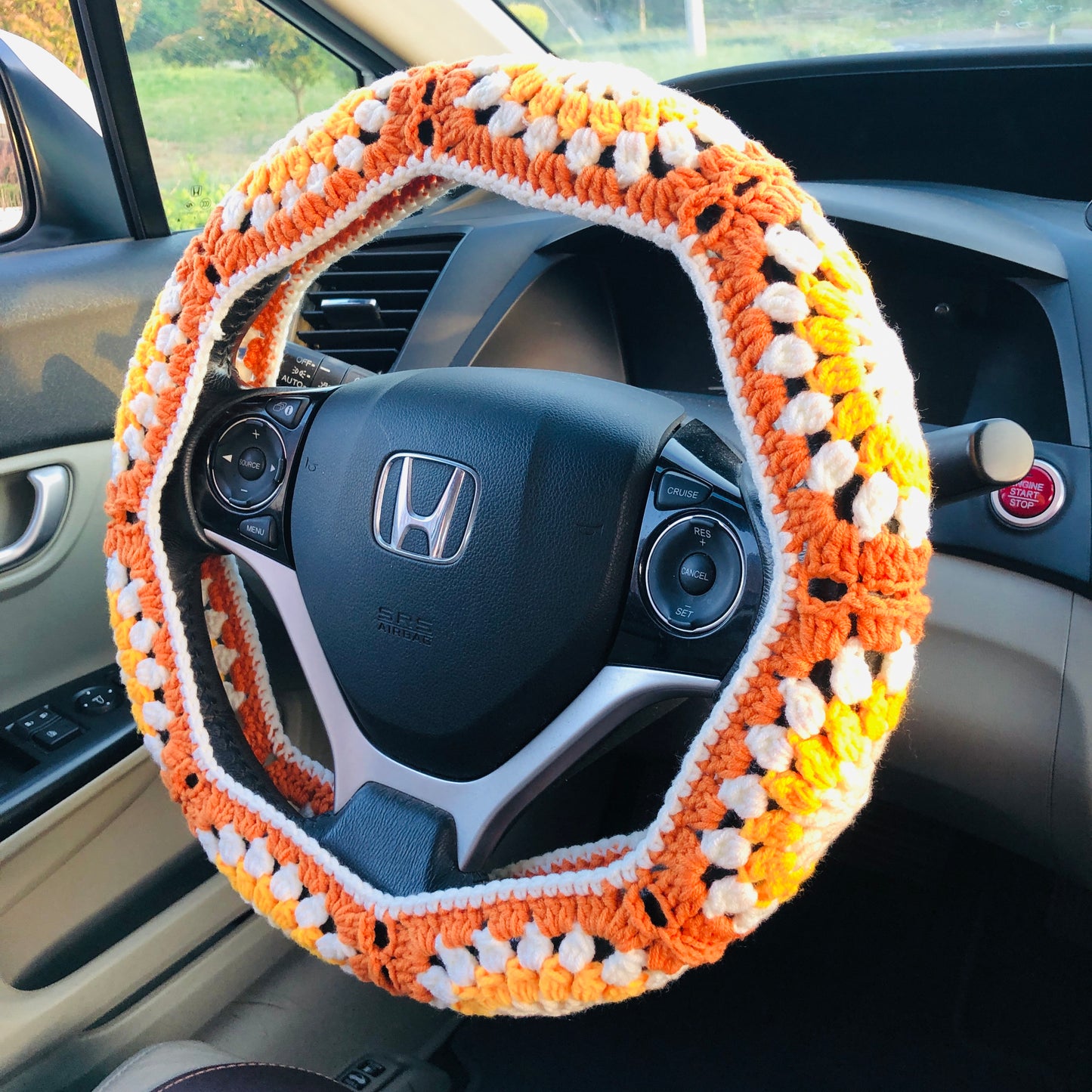 Steering Wheel Cover for women, Crochet cute orange flower seat belt Cover, Car Accessories decorations