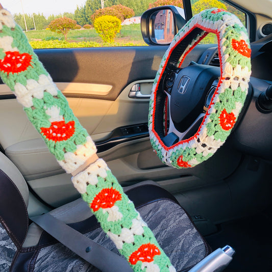 Steering Wheel Cover for women, Crochet cute mushroom flower seat belt Cover, Car Accessories decorations