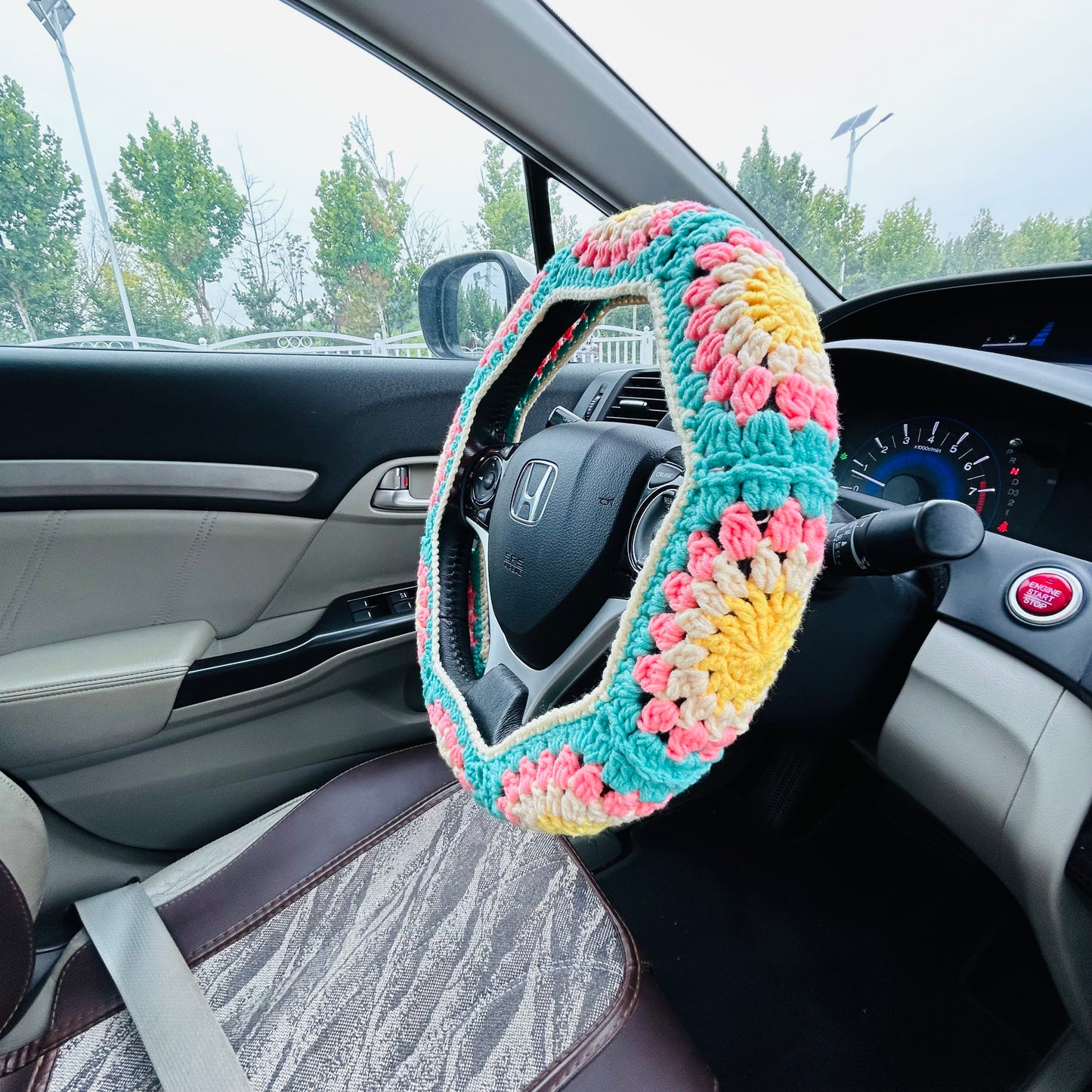 Steering Wheel Cover for women, Crochet Green pink flower seat belt Cover, Car Accessories decorations