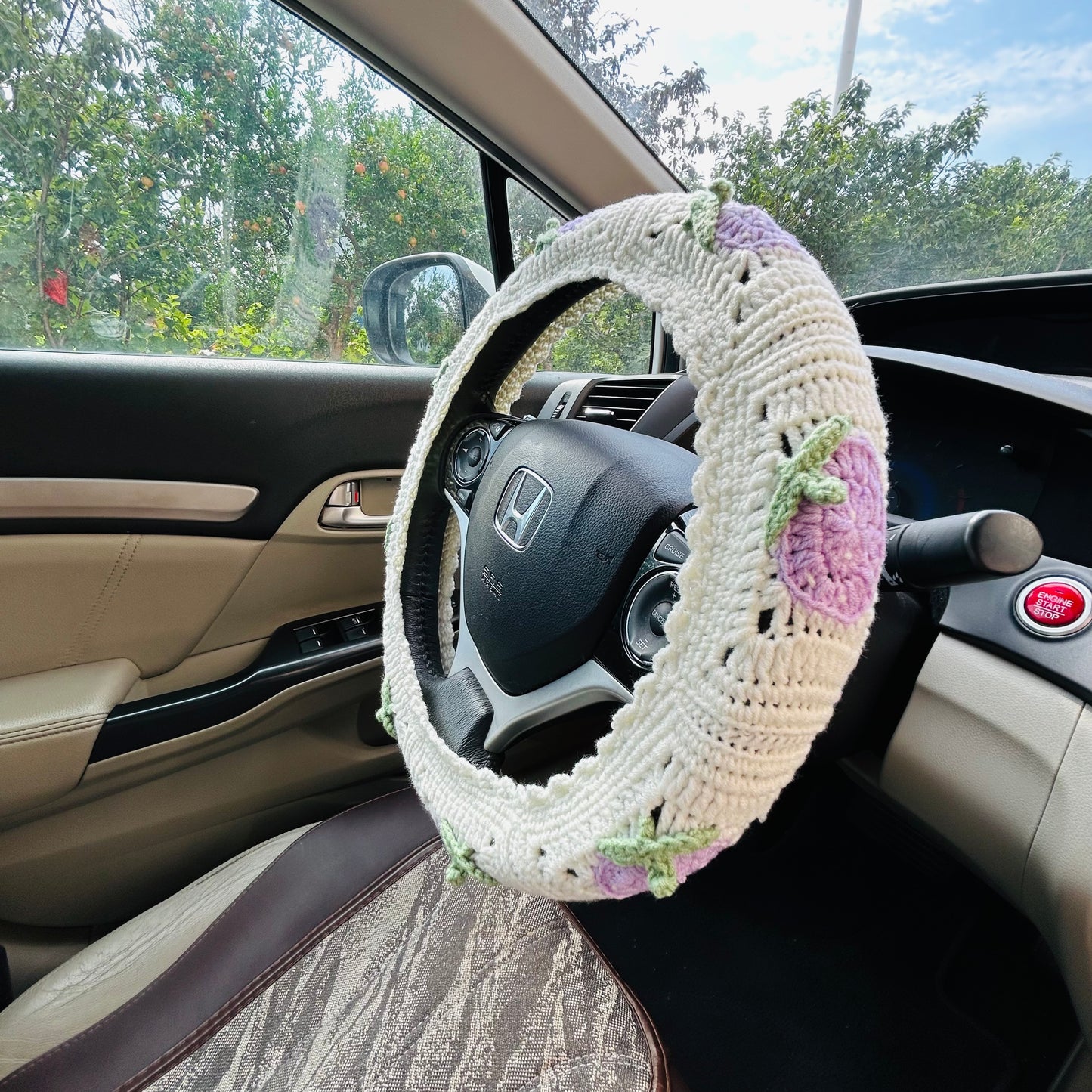 Steering Wheel Cover for women, Crochet cute purple Strawberry flower seat belt Cover, Car Accessories decorations