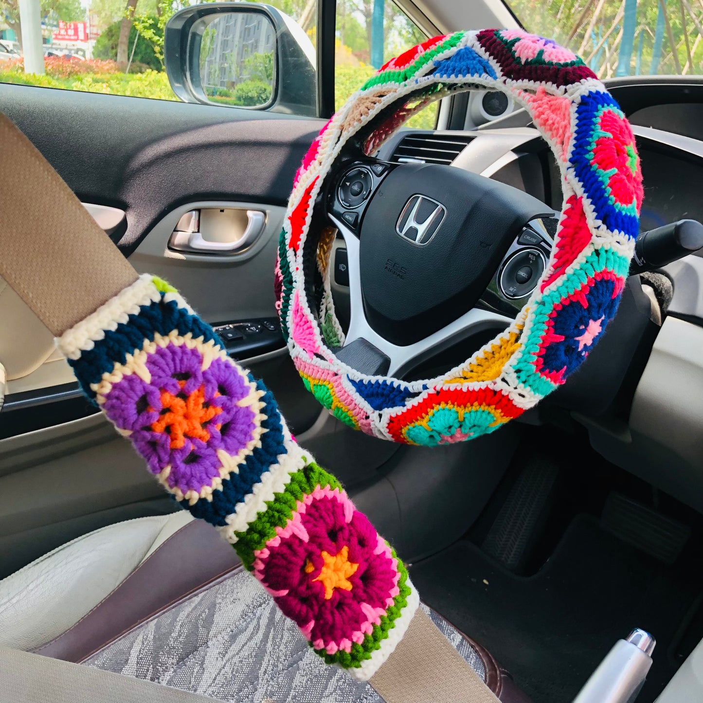 Steering Wheel Cover for women, Crochet cute Colorful flower seat belt Cover, Car Accessories decorations