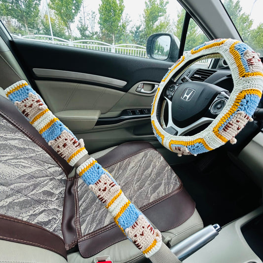 Steering Wheel Cover for women, Crochet cute cat seat belt Cover, Car Accessories decorations